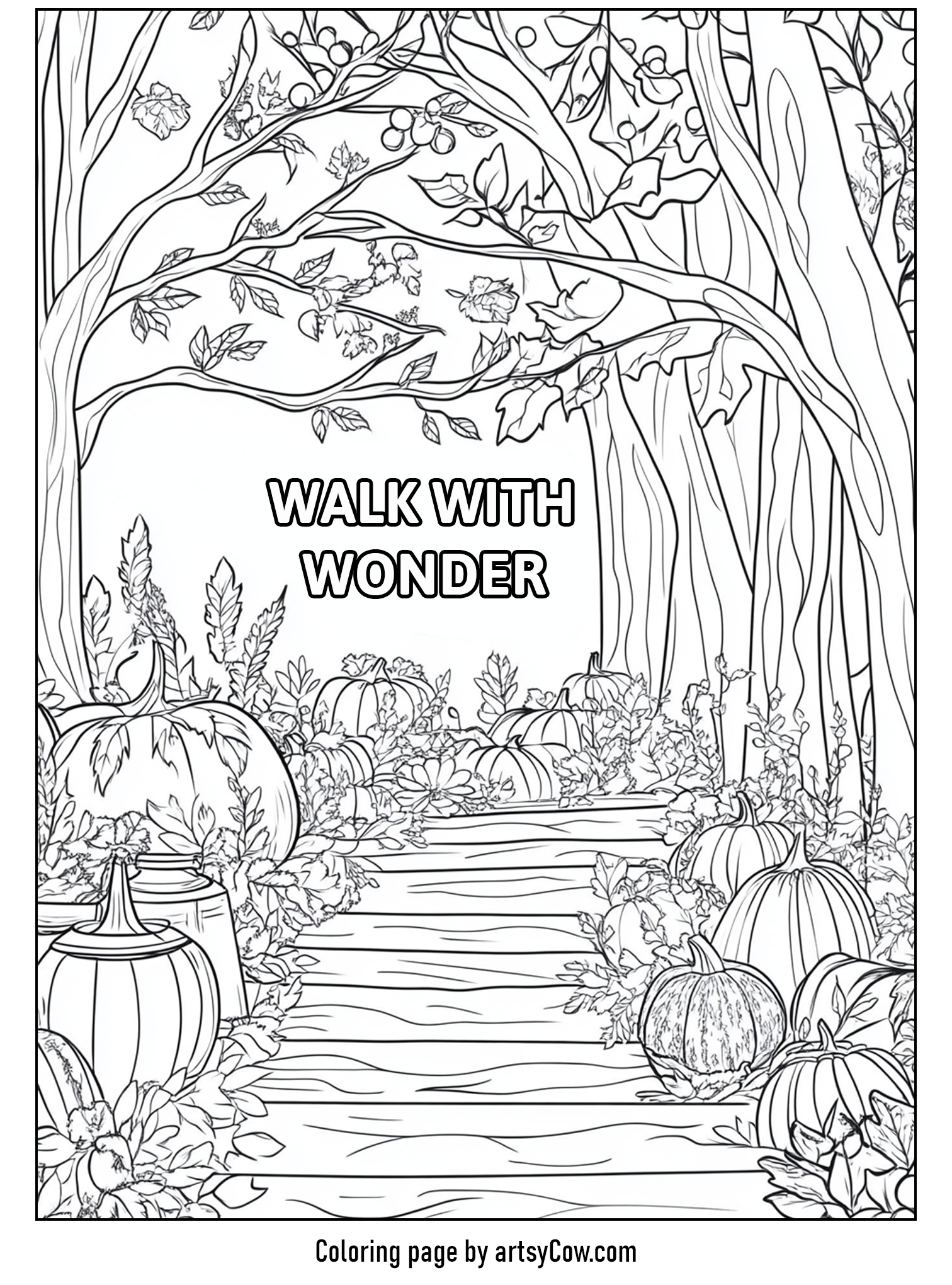 thanksgiving coloring pages for adults nature walk with pumpkins and trees